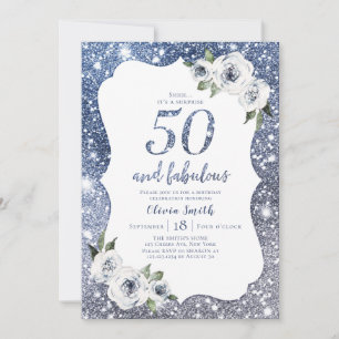 Convites Brilhante azul e floral 50º aniversário