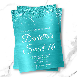 Convites Brilhante Azul Turquesa Metálico Sweet 16