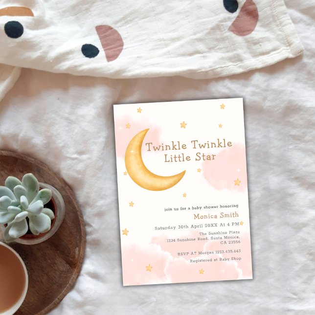 Convites Brilhante Brilhante Brilhante Lua Estende Menina C (Cute Twinkle Twinkle Moon Stars Girl Baby Shower Invitation)