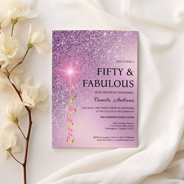 Convites Brilhante de gradiente de lavanda Sparkle 50º Aniv (Sparkle lavender gradient glitter 50th Birthday)