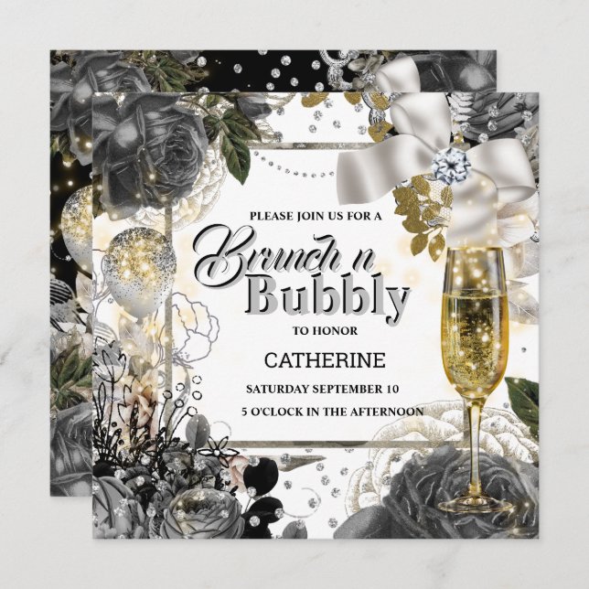 Convites Brilhante do chique rosa prateado branco preto (Frente/Verso)