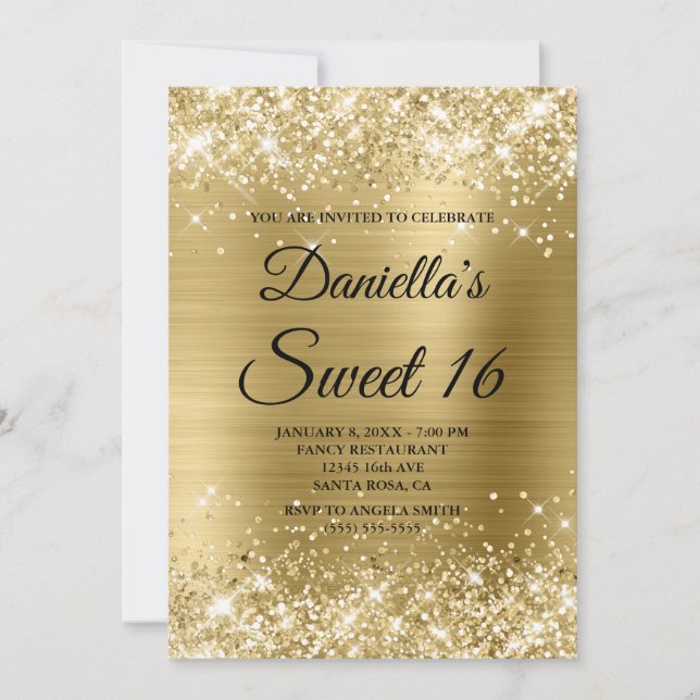 Convites Brilhante Dourado brilhante e foil Sweet 16 (Frente)