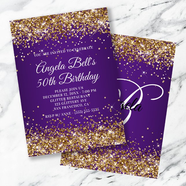 Convites Brilhante Dourado brilhante Roxo Real 50º Aniversá (Sparkly Gold Glitter Royal Purple 50th Birthday Invitation)