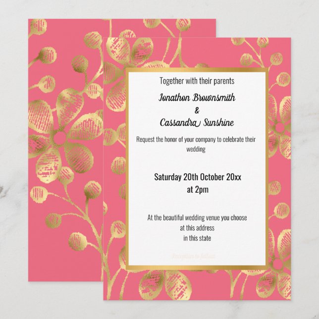 CONVITES BRILHANTE E CASAMENTO FLORAL DOURADO (Frente/Verso)