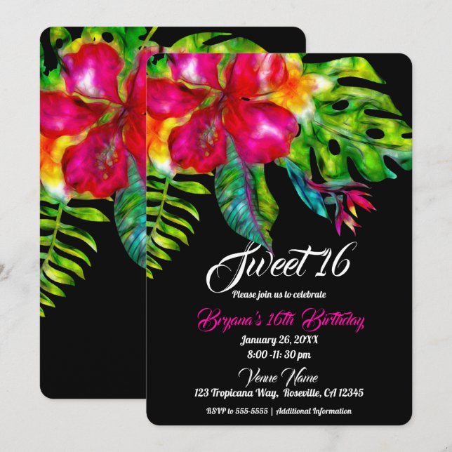 Convites Brilhante Floral Tropical Hibisco & Folhas Doce 16 (Frente/Verso)