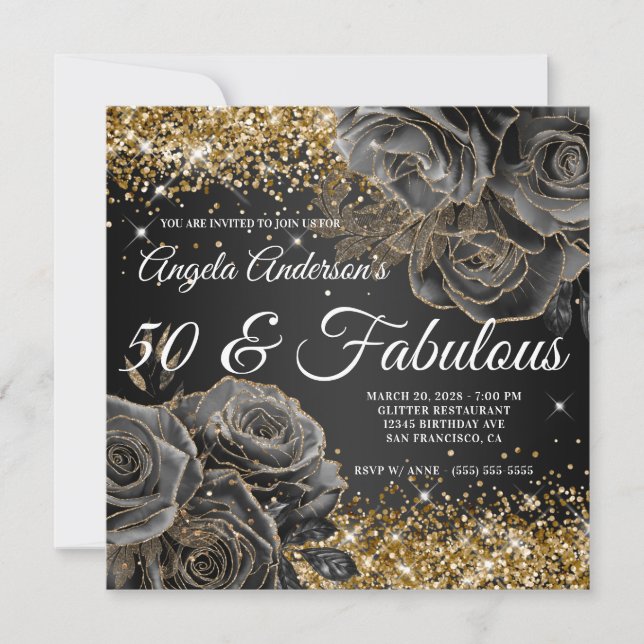 Convites Brilhante Glamouroso Dourado com Rosa Preta para 5 (Frente)