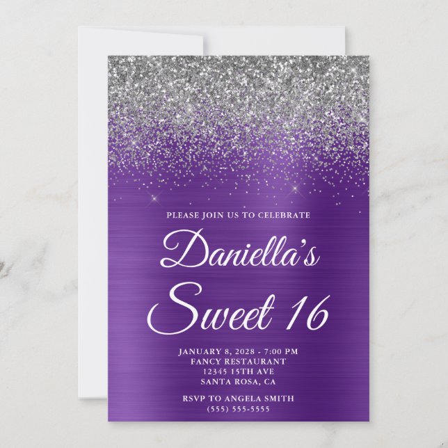 Convites Brilhante Glitter Prata Folha Roxo Real Doce 16 (Frente)