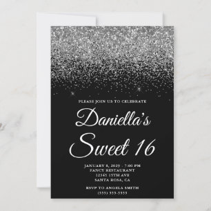 Convites Brilhante Glitter Prata Preto Sweet 16