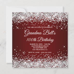 Convites Brilhante Glitter Prata Vermelho Escuro Aniversári
