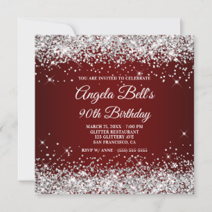 Convites Brilhante Glitter Prata Vermelho Escuro Aniversári