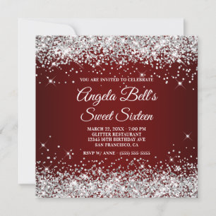 Convites Brilhante Glitter Prata Vermelho Escuro Sweet Sixt