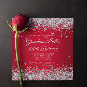 Convites Brilhante Glitter Prata Vermelho Ombre 100º Aniver