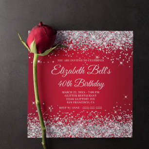 Convites Brilhante Glitter Prata Vermelho Ombre 40º Anivers