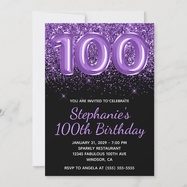 Convites Brilhante Glitter Roxo Real Número 100 (Frente)