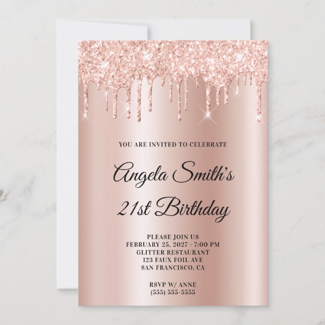 Convites Brilhante Glittery Drips Rose Gold Ombre (Frente)