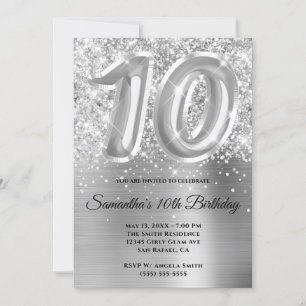 Convites Brilhante Glittery Prata Glam 10º Aniversário