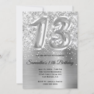 Convites Brilhante Glittery Prata Glam 13º Aniversário