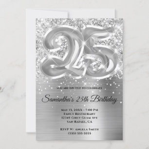 Convites Brilhante Glittery Prata Glam 25º Aniversário