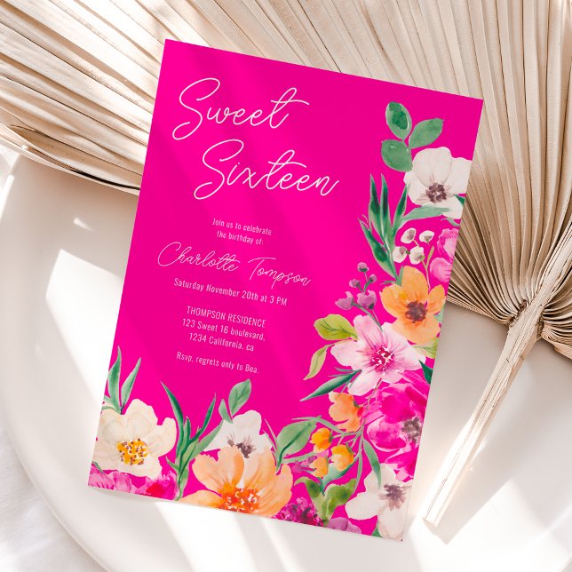 Convites Brilhante guião de flores silvestres Doce 16 (Bright bold wild flowers script Sweet 16 Invitation)