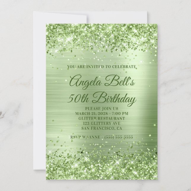 Convites Brilhante Mint Green Glitter e Foil 50º aniversári (Frente)