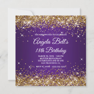 Convites Brilhante Ouro Glitter Roxo Real 18º Aniversário