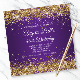 Convites Brilhante Ouro Glitter Roxo Real 80º Aniversário