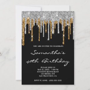 Convites Brilhante Prata Dourado Glitter Gotas Preto Aniver