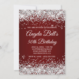 Convites Brilhante Prata Glitter Borgonha Aniversário de 50