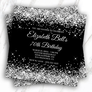 Convites Brilhante Prata Glitter Cor Preta Aniversário de 7