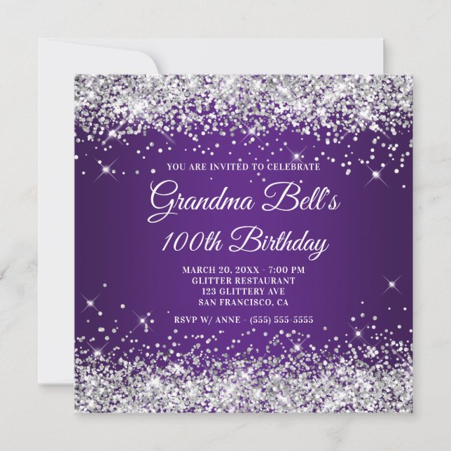 Convites Brilhante Prata Glitter Roxo Real 100º Aniversário (Frente)