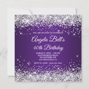 Convites Brilhante Prata Glitter Roxo Real 40º Aniversário