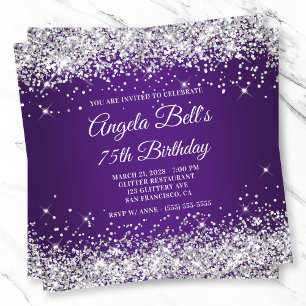 Convites Brilhante Prata Glitter Roxo Real 75º Aniversário
