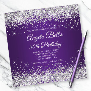 Convites Brilhante Prata Glitter Roxo Real 80º Aniversário