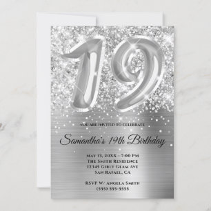 Convites Brilhante Prateado Glamouroso Aniversário de 19 an