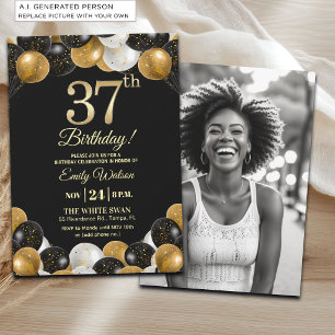 Convites Brilhante Preto Dourado Glitter Aniversário de 37