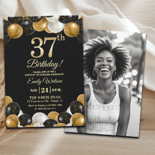 Convites Brilhante Preto Dourado Glitter Aniversário de 37 