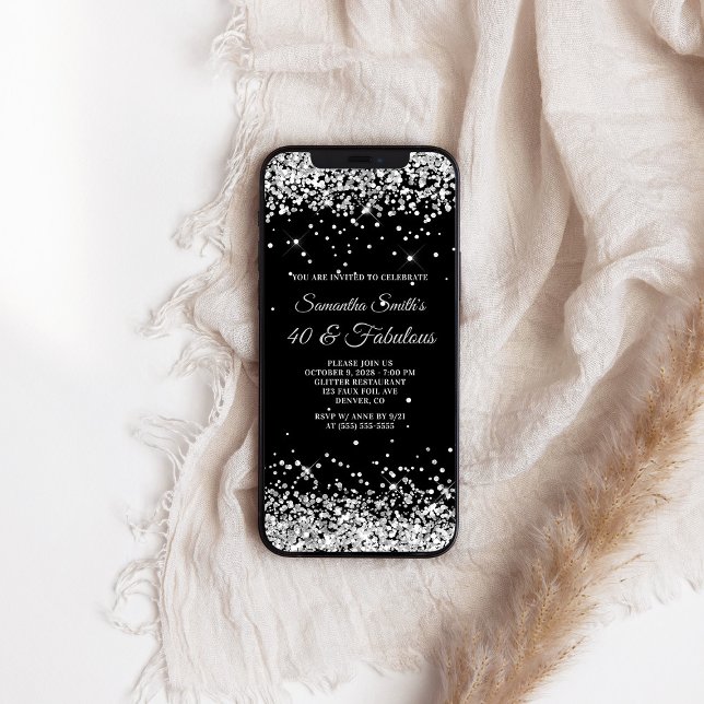 Convites Brilhante preto e prateado 40 e fabuloso (Black and Silver Glitter 40 and Fabulous Invitation)