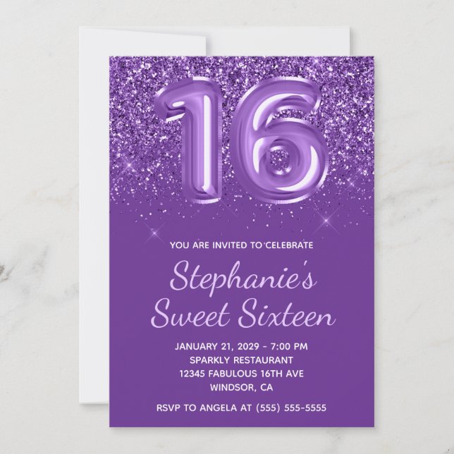 Convites Brilhante Purpura Real Gliter Número 16 Aniversári (Frente)