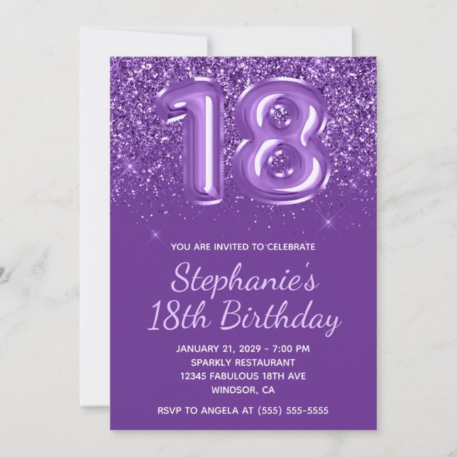 Convites Brilhante Purpura Real Gliter Número 18 Aniversári (Frente)