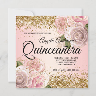 Convites Brilhante Rosa Floral Quinceañera com Glitter Dour