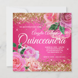 Convites Brilhante Rosa Glam Quinceañera Dourado Brilhante