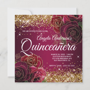 Convites Brilhante Rosa Vermelha Burgundy Glitter Quinceañe