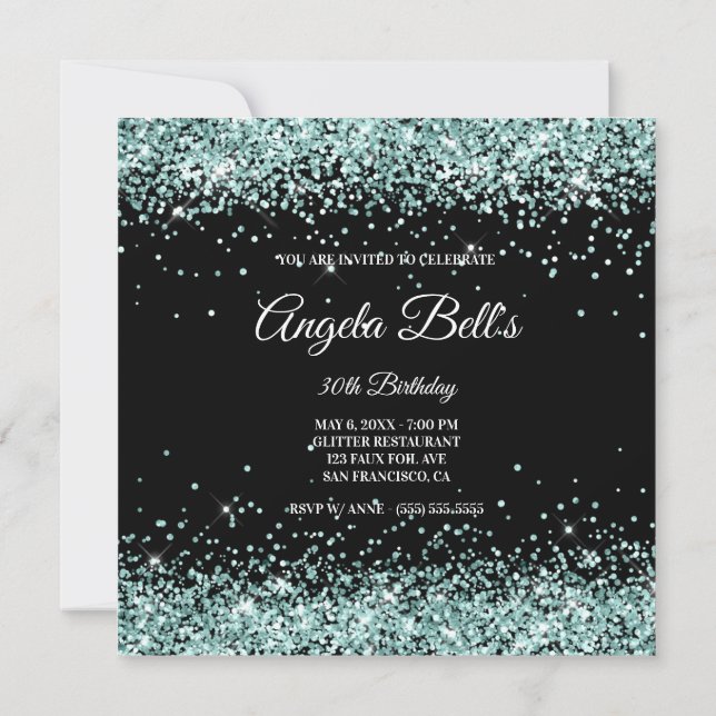 Convites Brilhante Turquesa Pálido Glitter Preto Aniversári (Verso)