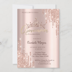 Convites Brilhantes Coroa de Glitter Rosa Chic Drops Quince