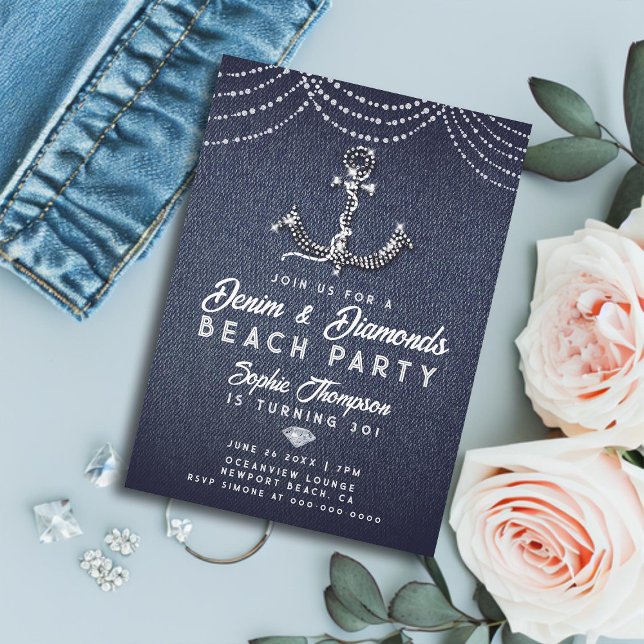 Convites Brilhantes Diamantes de Jeans Âncora Praia Festa d (denim and diamonds 30th birthday party invitation for women elegant bling boat anchor beach classy)