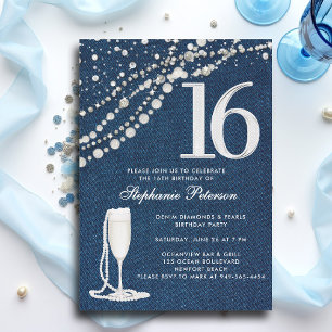 Convites Brilhantes Pérolas Champanhe Denim EleganteSweet