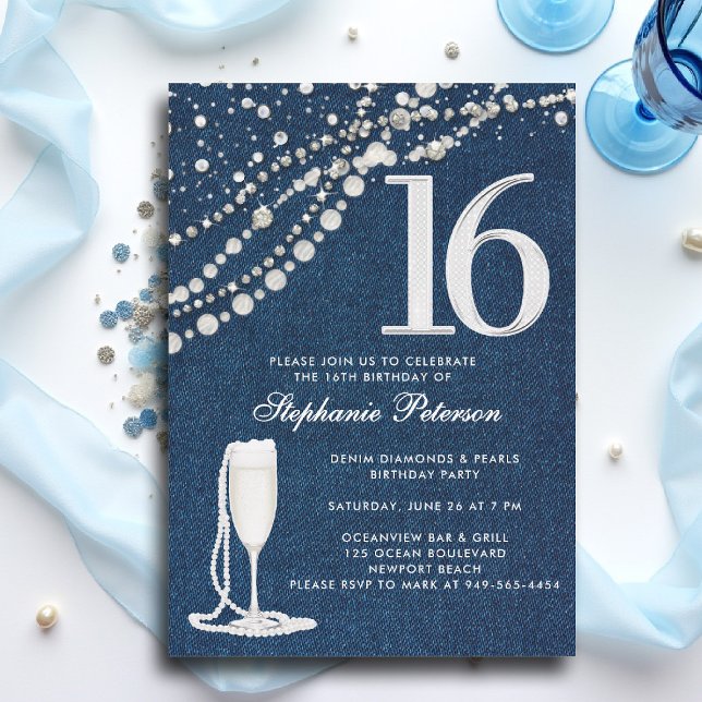 Convites Brilhantes Pérolas Champanhe Denim  EleganteSweet  (sweet 16 sixteen invitation denim diamonds pearls blue white champagne bling elegant classy photo)