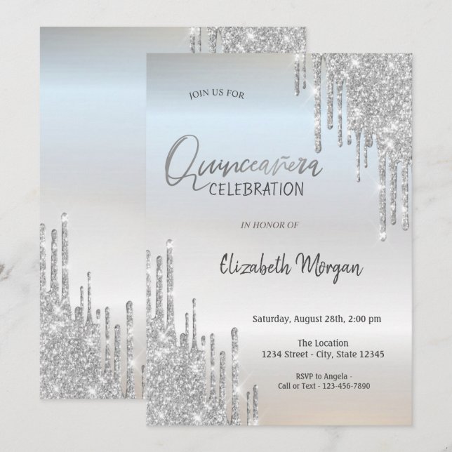 Convites Brilhantes Pingos de Glitter Prata Quinceañera (Frente/Verso)