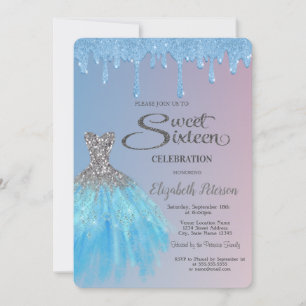 Convites Brilhantes respingos azuis, vestido azul Sweet 16