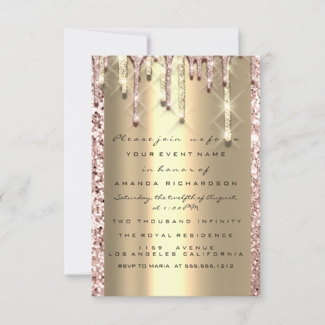 Convites Brilho 3D Drips Rosa Noiva Doce 16º Dourado (Frente)